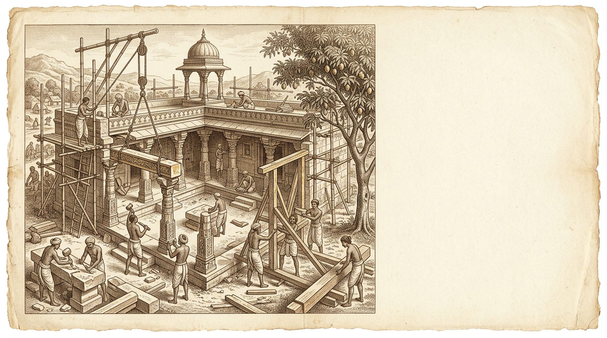 Engraving of craftsmen building a courtyard farmhouse