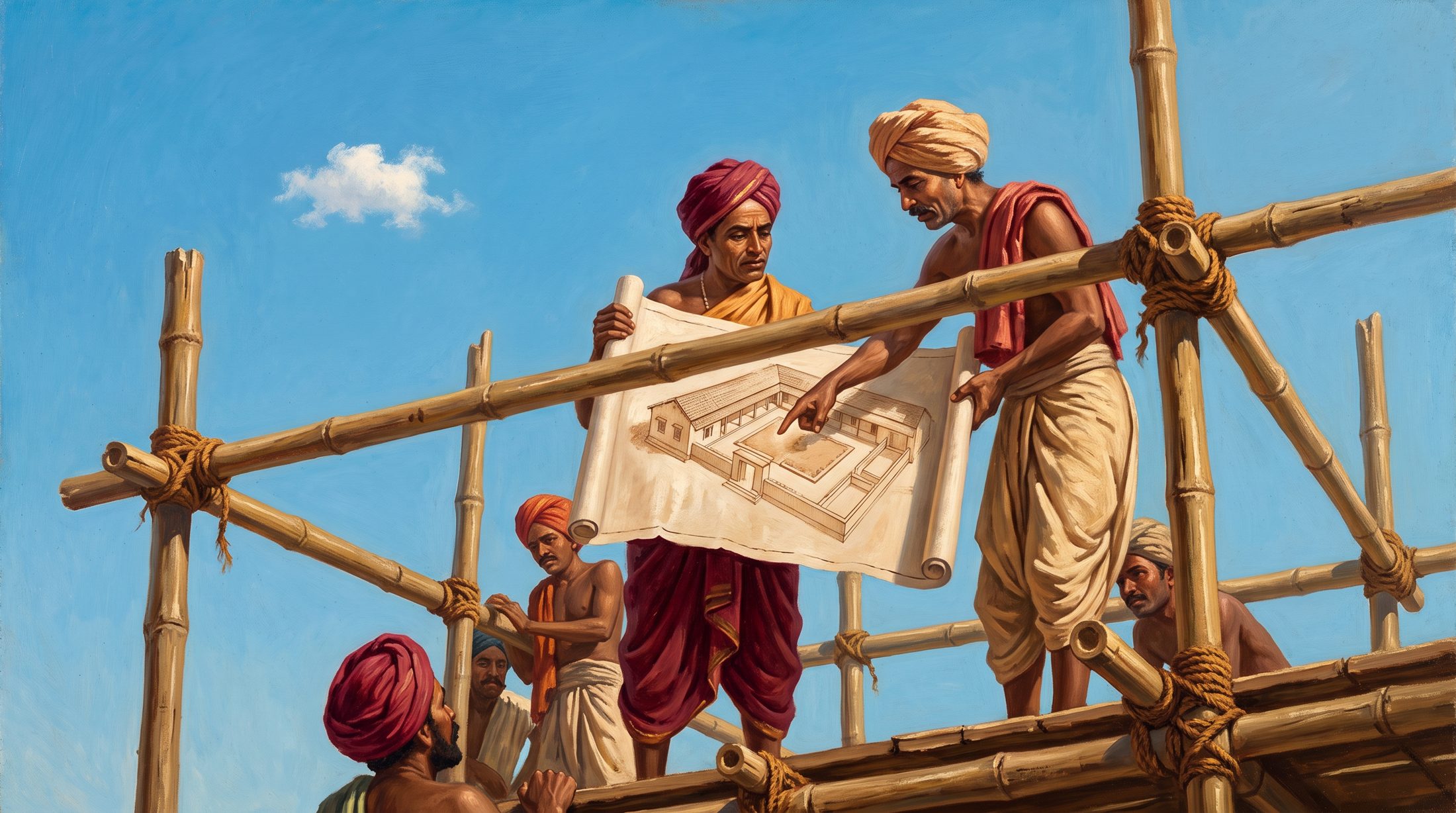 Craftsmen on bamboo scaffolding studying the farmhouse plan