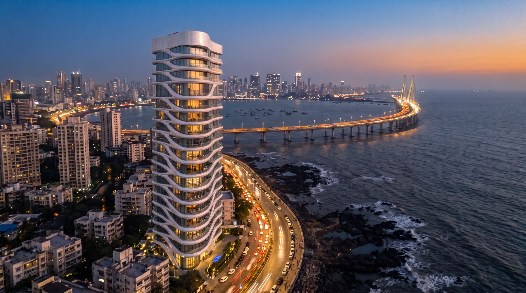 MOTI tower on the Worli sea face at blue hour, with the Sea Link behind